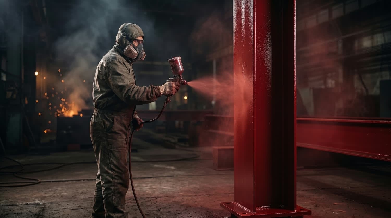 Specialist aplicând vopsea anticorozivă pe o structură metalică